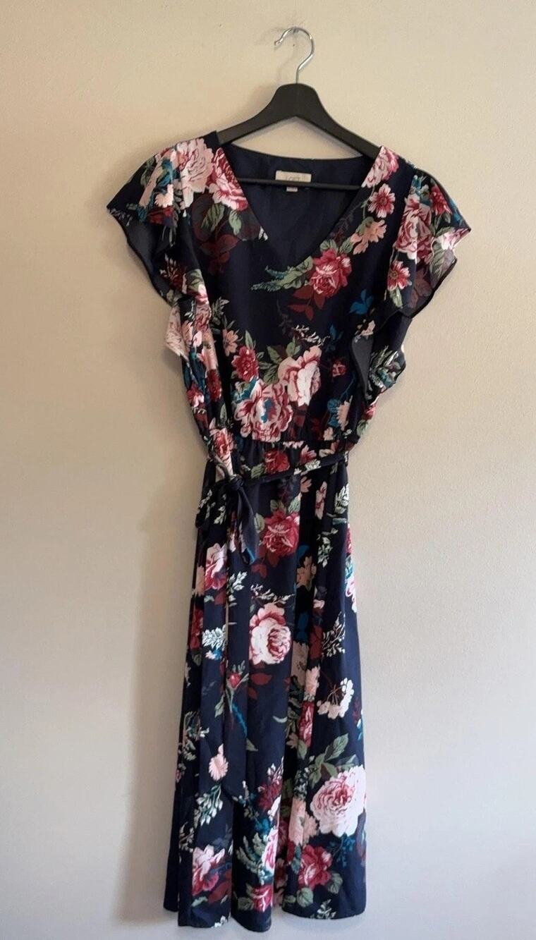 LOFT Dress Womens Small Blue Floral V Neck Maxi Belted Flutter Sleeve Sundress